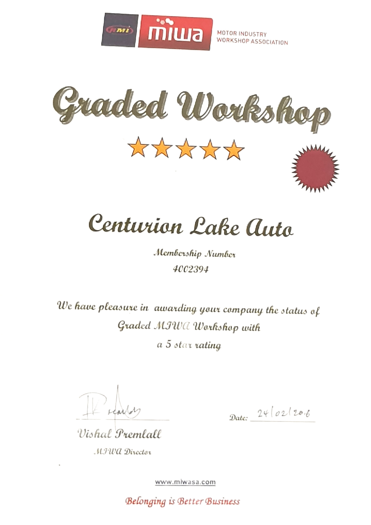 centurion lake auto repairs and service miwa certificate 2021b